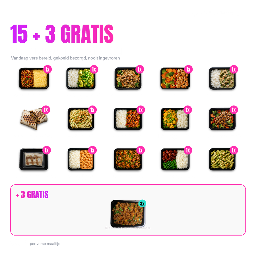 15 + 3 gratis Variatie Pakket Droogtrainen: alle 18 verse maaltijden