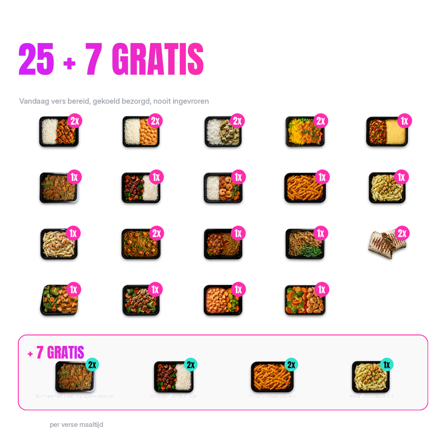 Foodie 14 Dagen Pakket 25 + 7 gratis: alle 32 verse wereldmaaltijden
