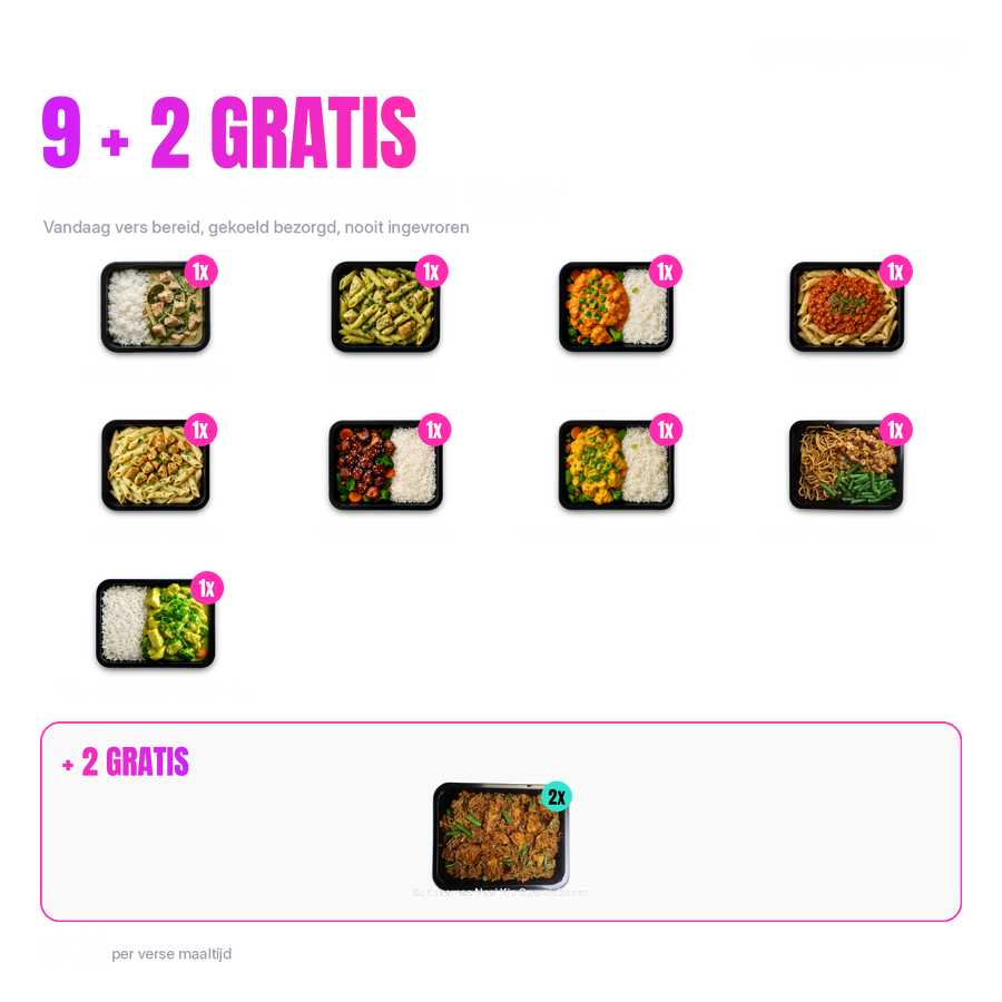 9 + 2 gratis Spiermassa en Droogtrainen pakket: alle 11 verse maaltijden